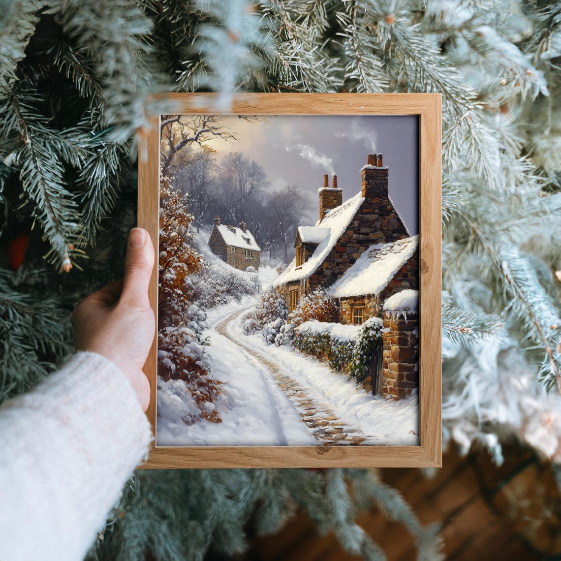 Snow Covered Stone Cottages on a Quiet Winter Lane at Dusk Poster - Image 6
