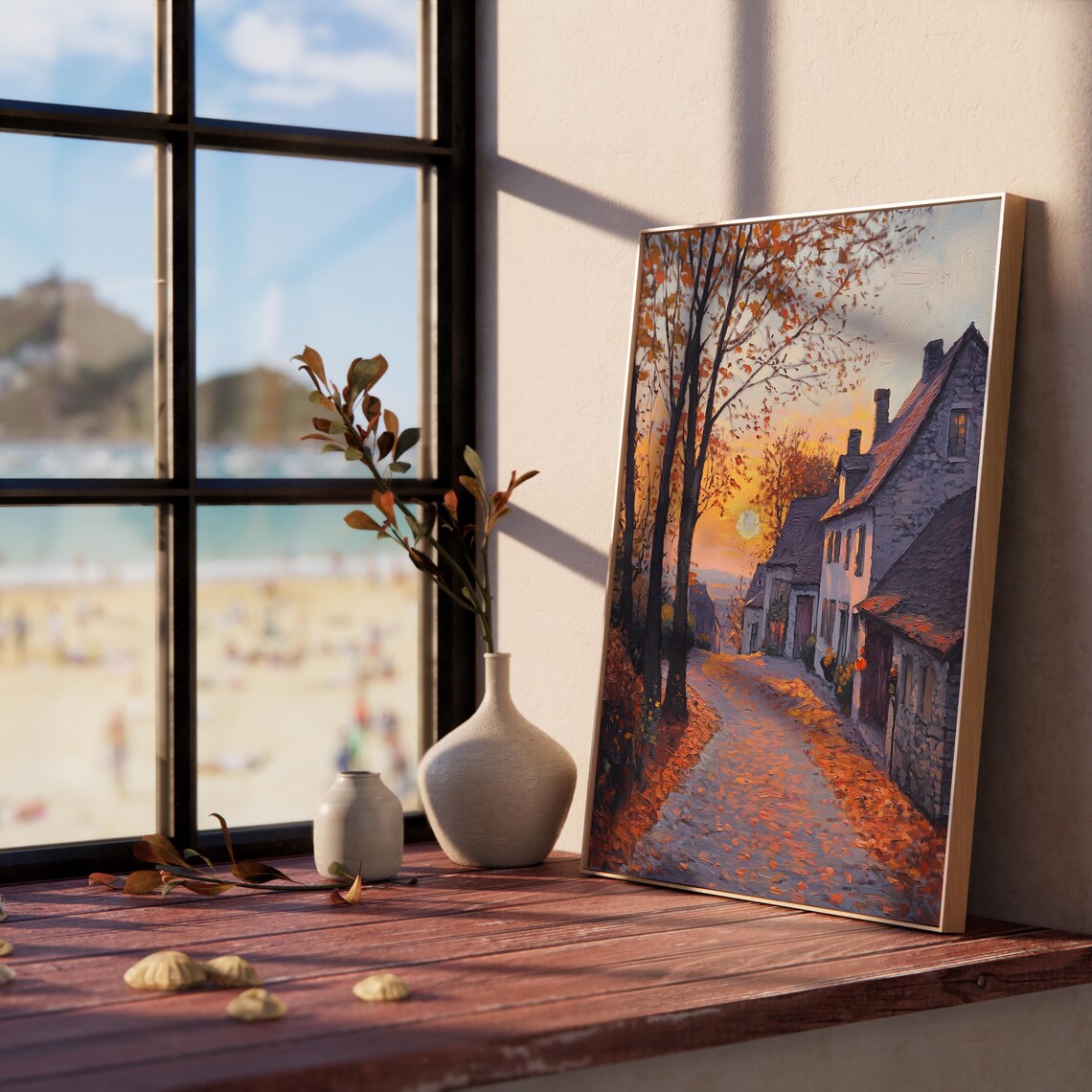 Old Stone Village Street Glowing at Sunset Beneath Autumn Trees Poster - Image 5