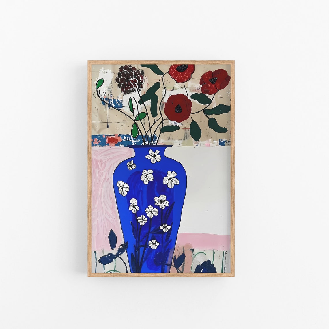 Blue Vase With White Flowers Red Bloom Abstract Collage Art Poster