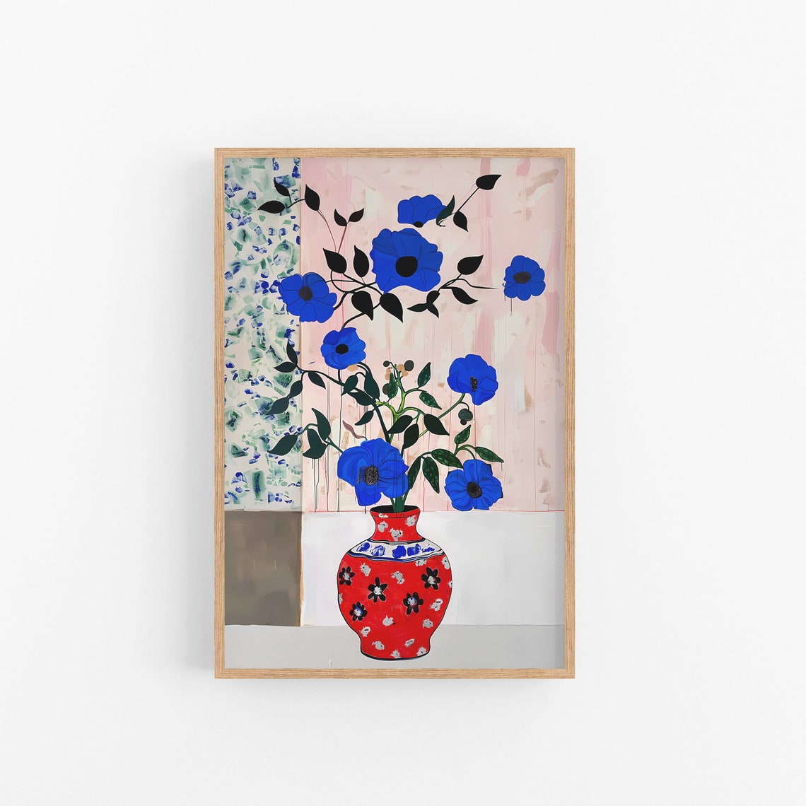 Blue Flowers In Red Patterned Vase Abstract Floral Collage Poster