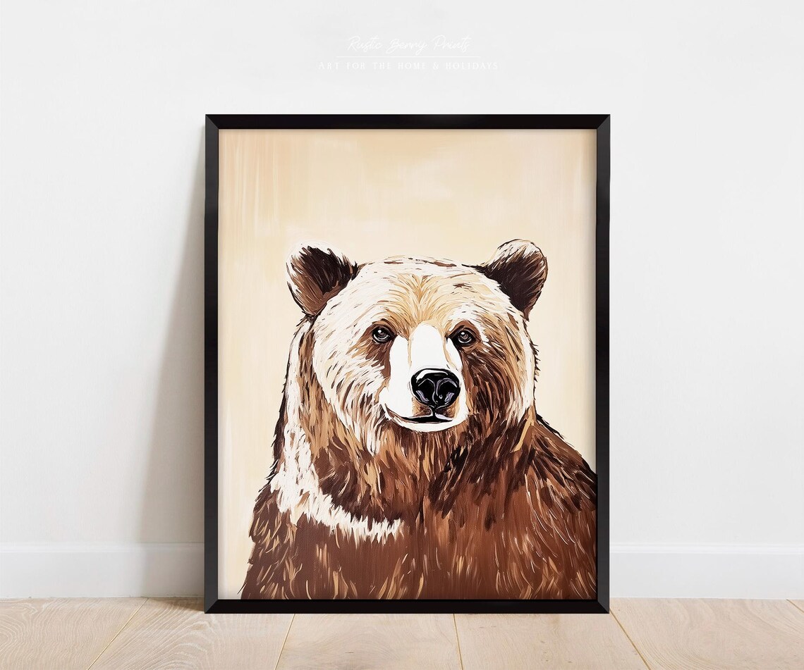 Brown Grizzly Bear Portrait Beige Background Realistic Lodge Wildlife Poster