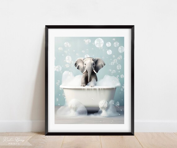 Baby Elephant In Foamy Bubble Bath Clawfoot Tub Whimsical Bathroom Wall Art Poster