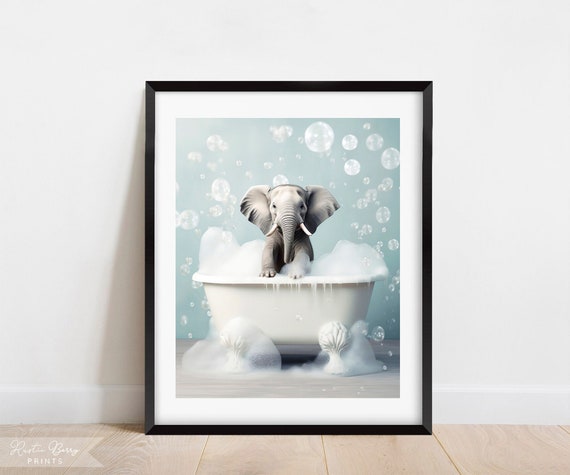 Little Elephant Bubble Bath Wall Art Clawfoot Tub Home Decor Bathroom Decor Cute Instant