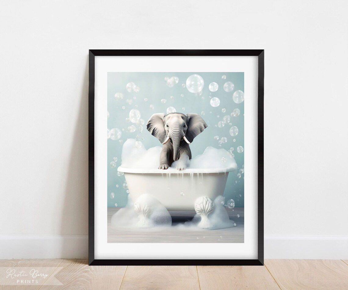 Baby Elephant In Foamy Bubble Bath Clawfoot Tub Whimsical Bathroom Wall Art Poster