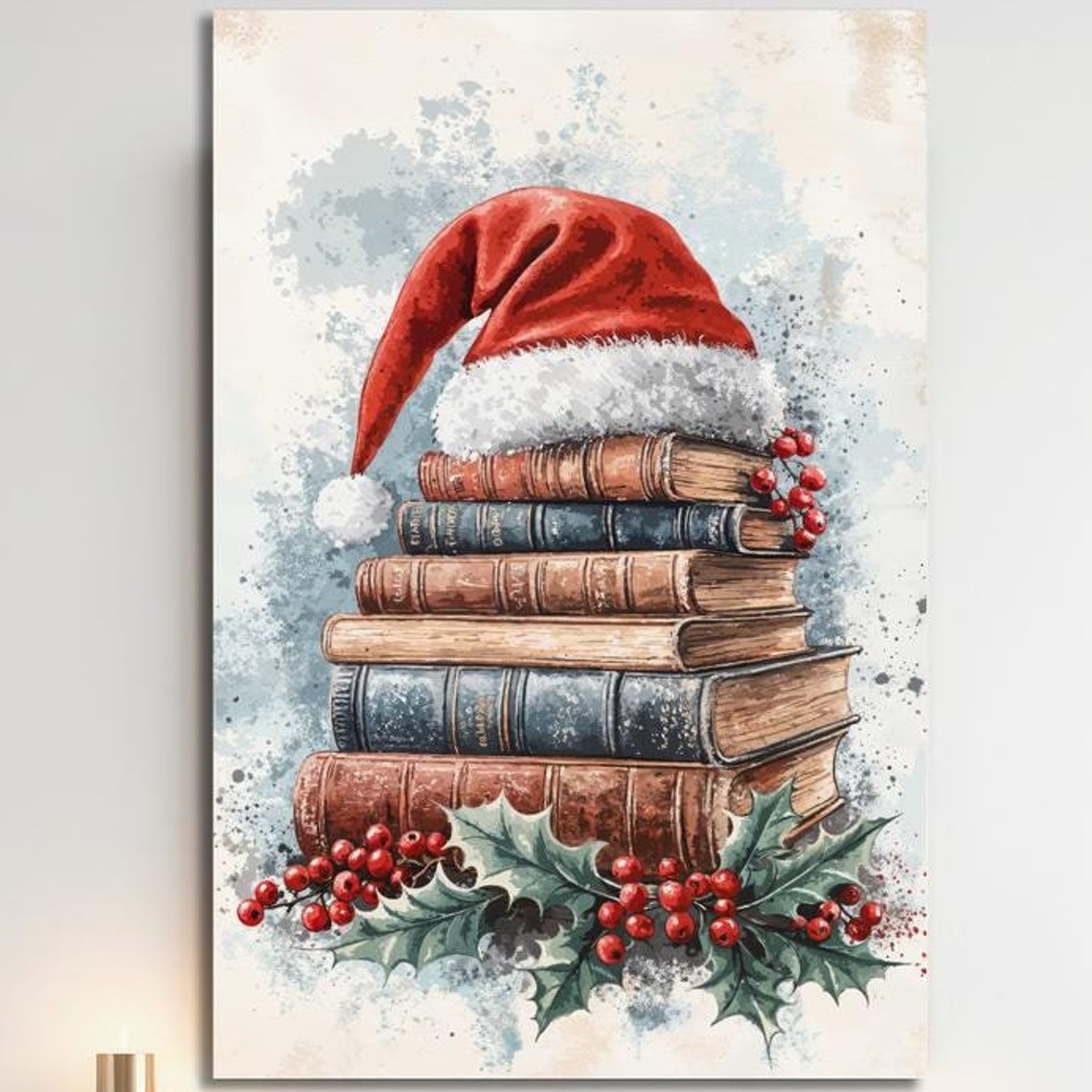 Santa Hat Atop Vintage Book Stack Holly Berries Christmas Poster
