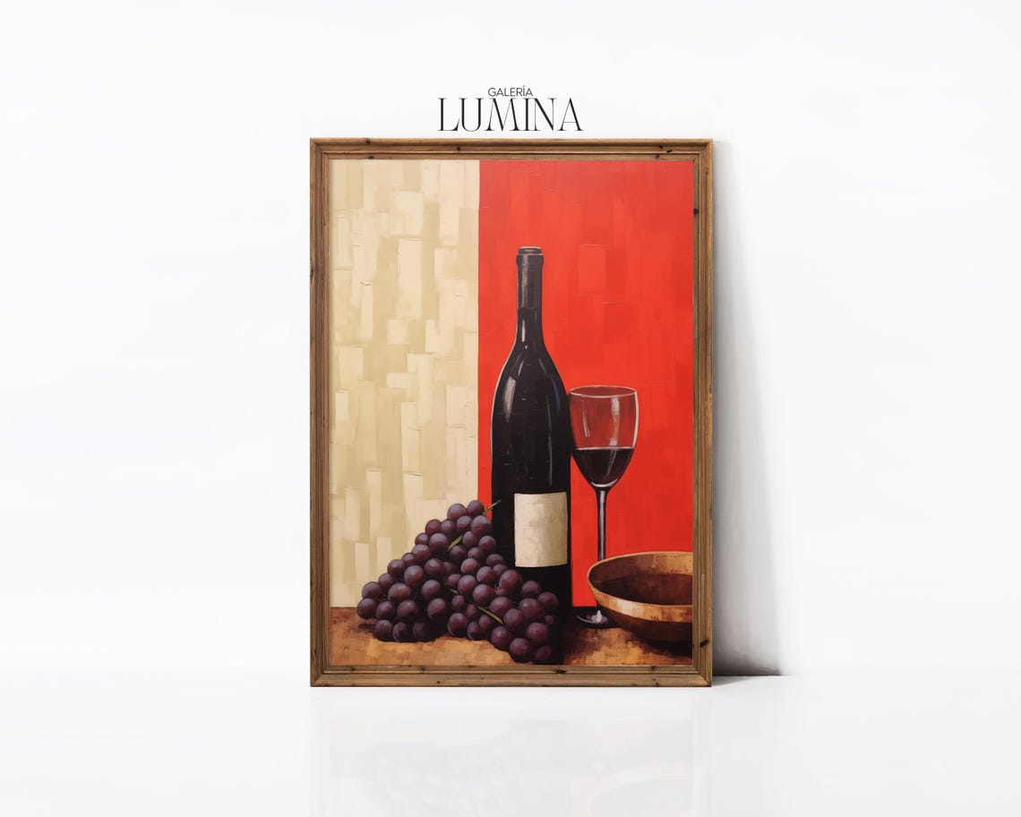 Red Wine Bottle Grapes and Glass Tricolor Background Still Life Poster - Image 2