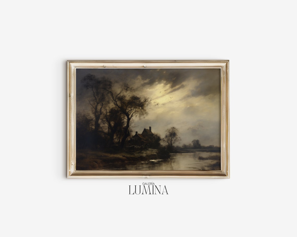 Vintage Moody Lake Landscape Painting Dark Sceney Oil Painting Rustic Print Antique Country Wall Art Art Frame Tv Art 176 - Image 2