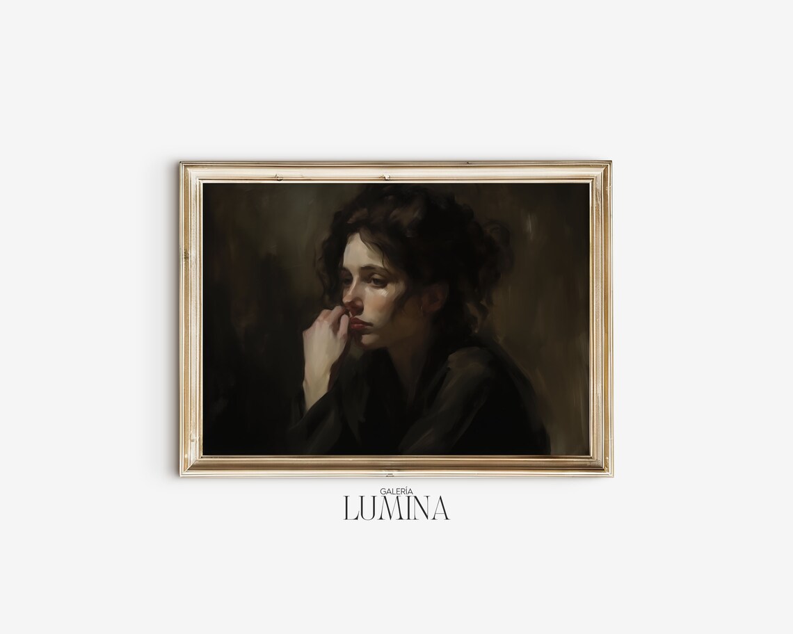 Moody Woman Portrait With Hand At Lips Dark Oil Painting Poster - Image 2