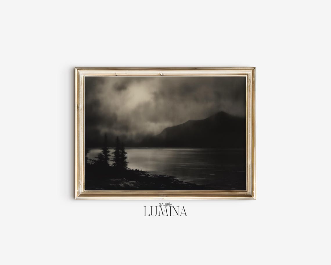 Night Sky Black And White Oil Painting Moody Dark Landscape Painting Muted Moonlight Coast Painting Art Frame Tv Art 498 - Image 2