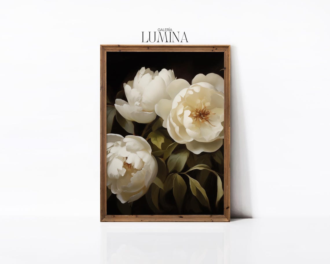White Peonies on Dark Background Moody Botanical Oil Painting Poster - Image 2