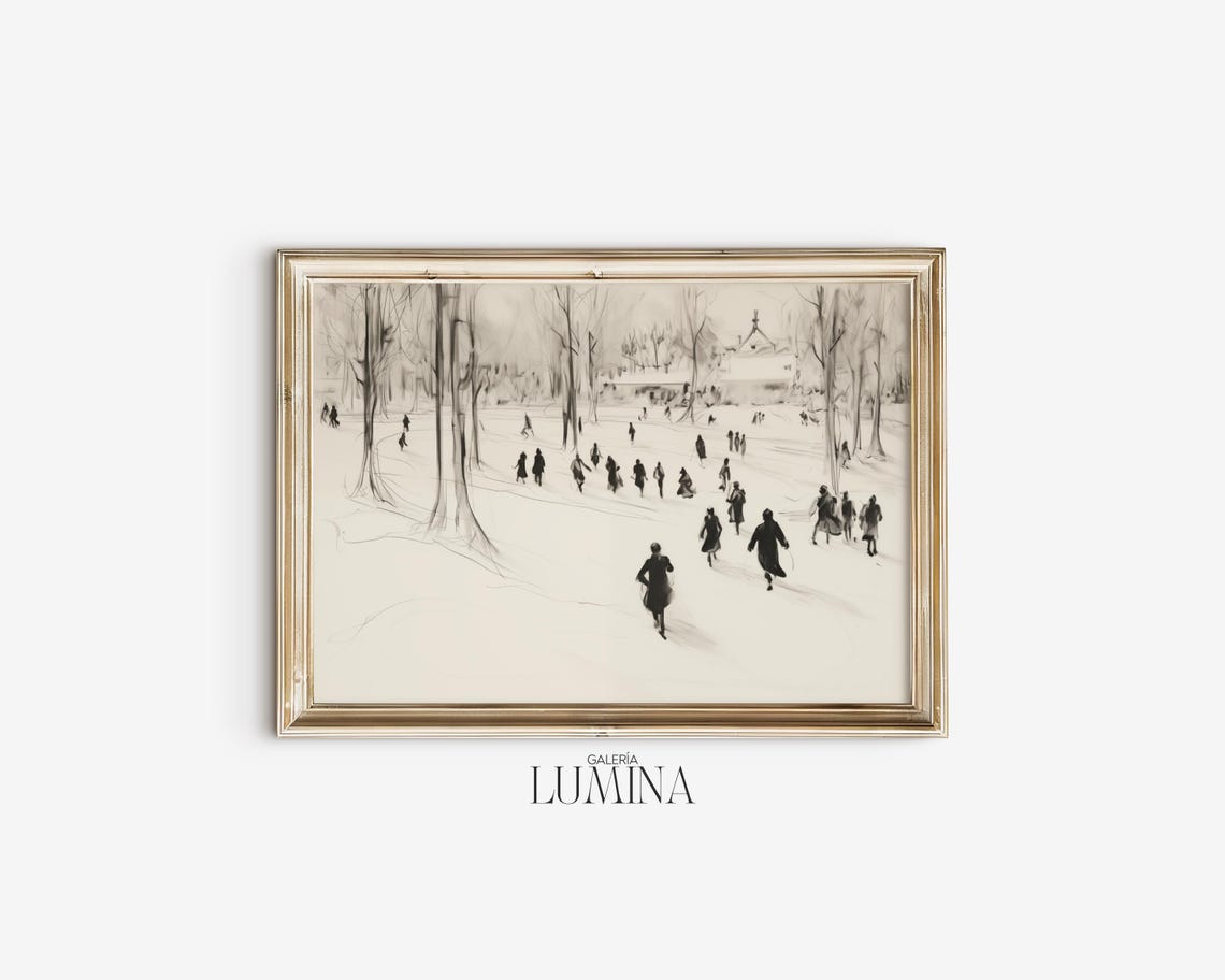 Ice Skaters in a Snowy Park Pencil Sketch Winter Scene Wall Art - Image 2