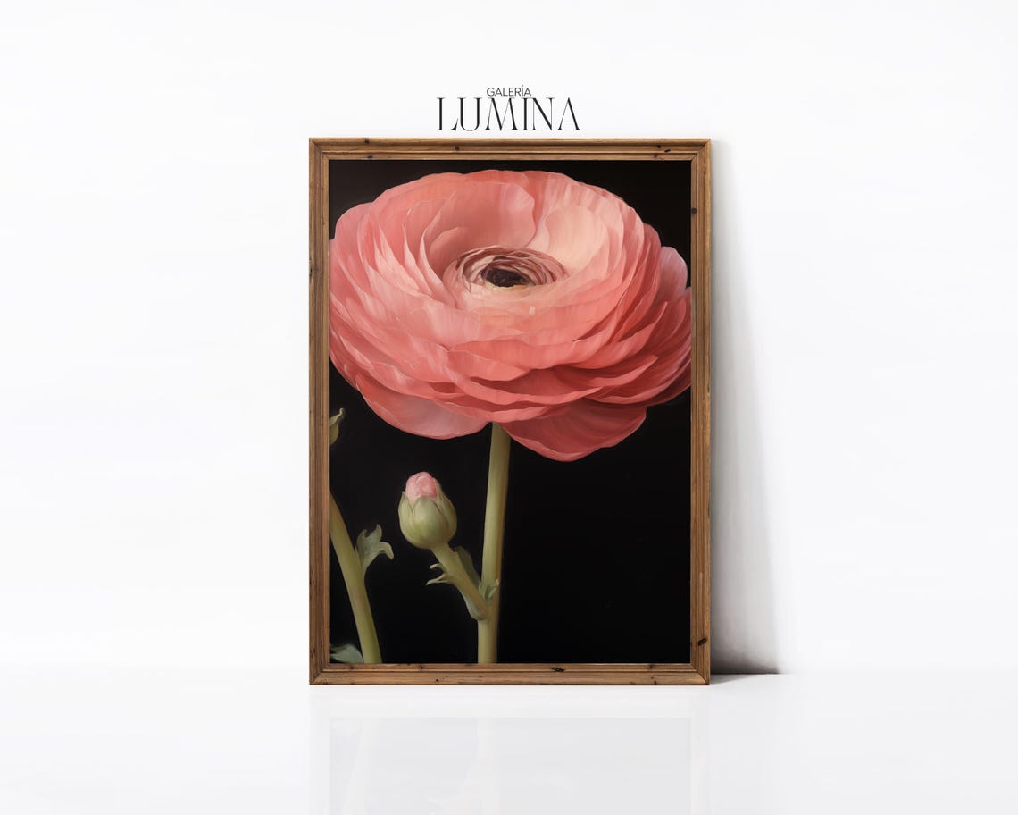 Pink Ranunculus Original Oil Painting Dark Background Moody Floral Art Antique Pink Flower Painting Art Frame Tv Art 674 - Image 3