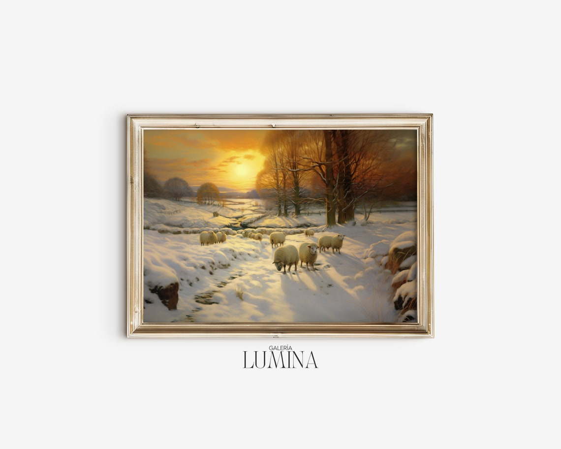 Flock Of Sheep In Snow Original Oil Painting Landscape Nature Artwork Vintage Farmhouse Animal Print Art Frame Tv Art 109 - Image 2