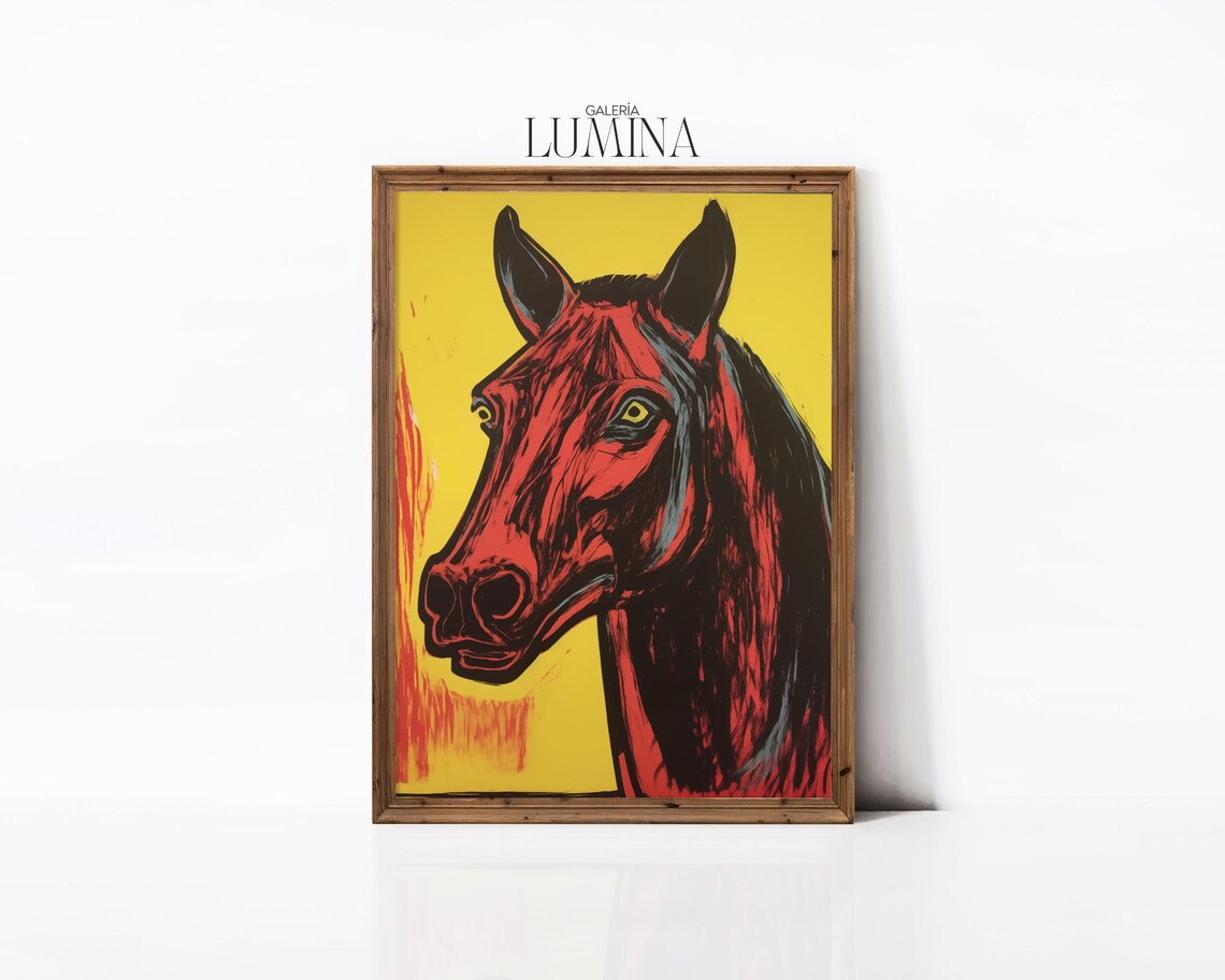 Bold Red Horse Head on Yellow Background Modern Equine Art Poster - Image 2