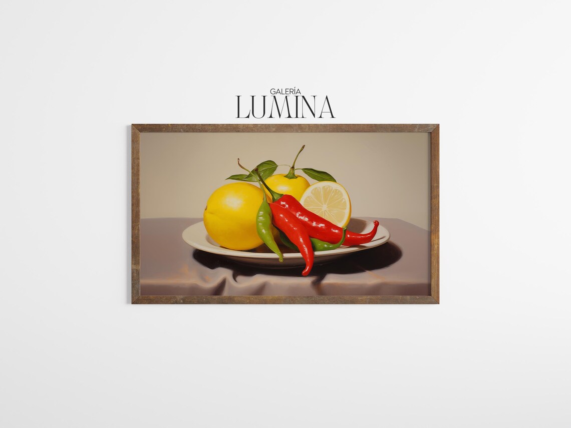 Lemon And Chilli Peppers Oil Painting Kitchen Wall Art Citrus And Spicy Pepper Still Life Artwork Art Frame Tv Art 953 - Image 3