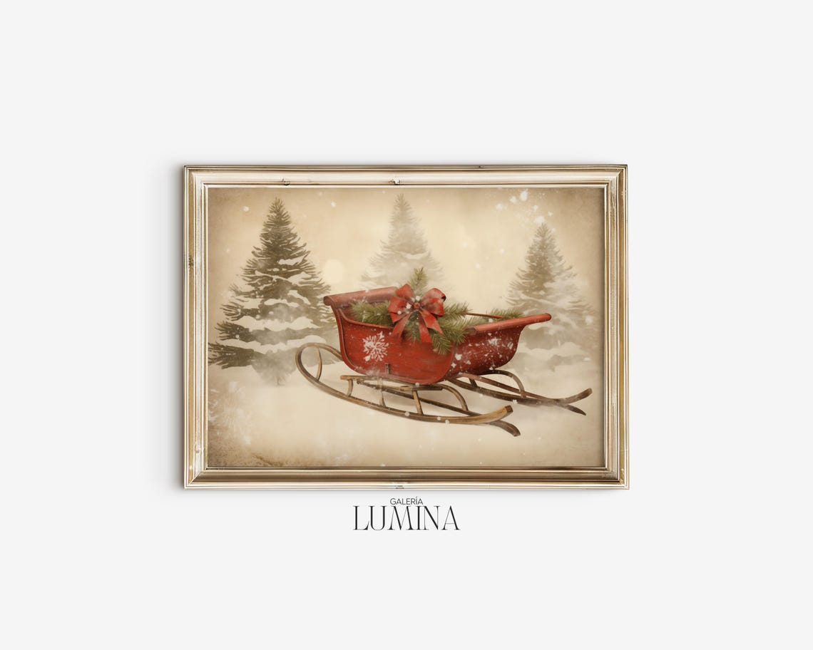 Vintage Red Christmas Sleigh with Bow in Snowy Forest Holiday Poster - Image 2