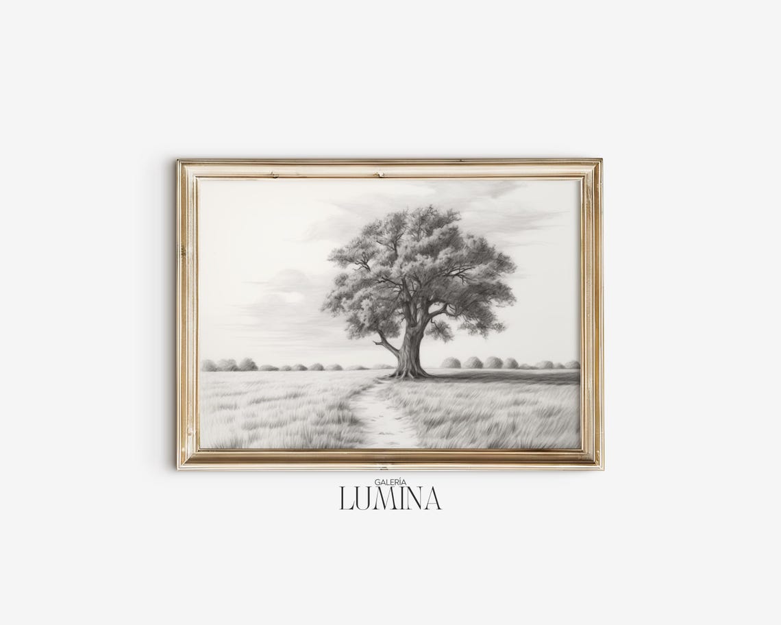 Lone Oak Tree Graphite Drawing Monochrome Field Sketch Poster - Image 2