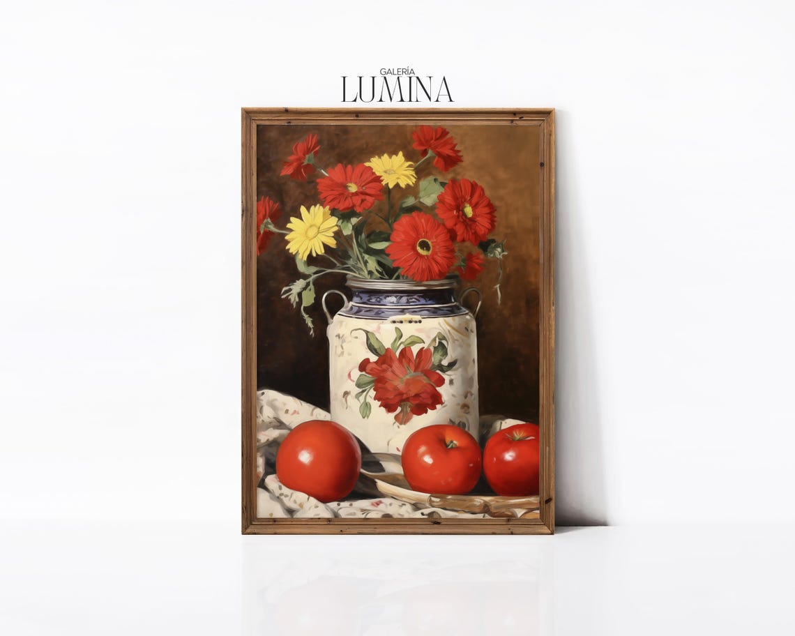 Red Gerbera Daisies in Ceramic Vase Tomatoes Rustic Still Life Poster - Image 2
