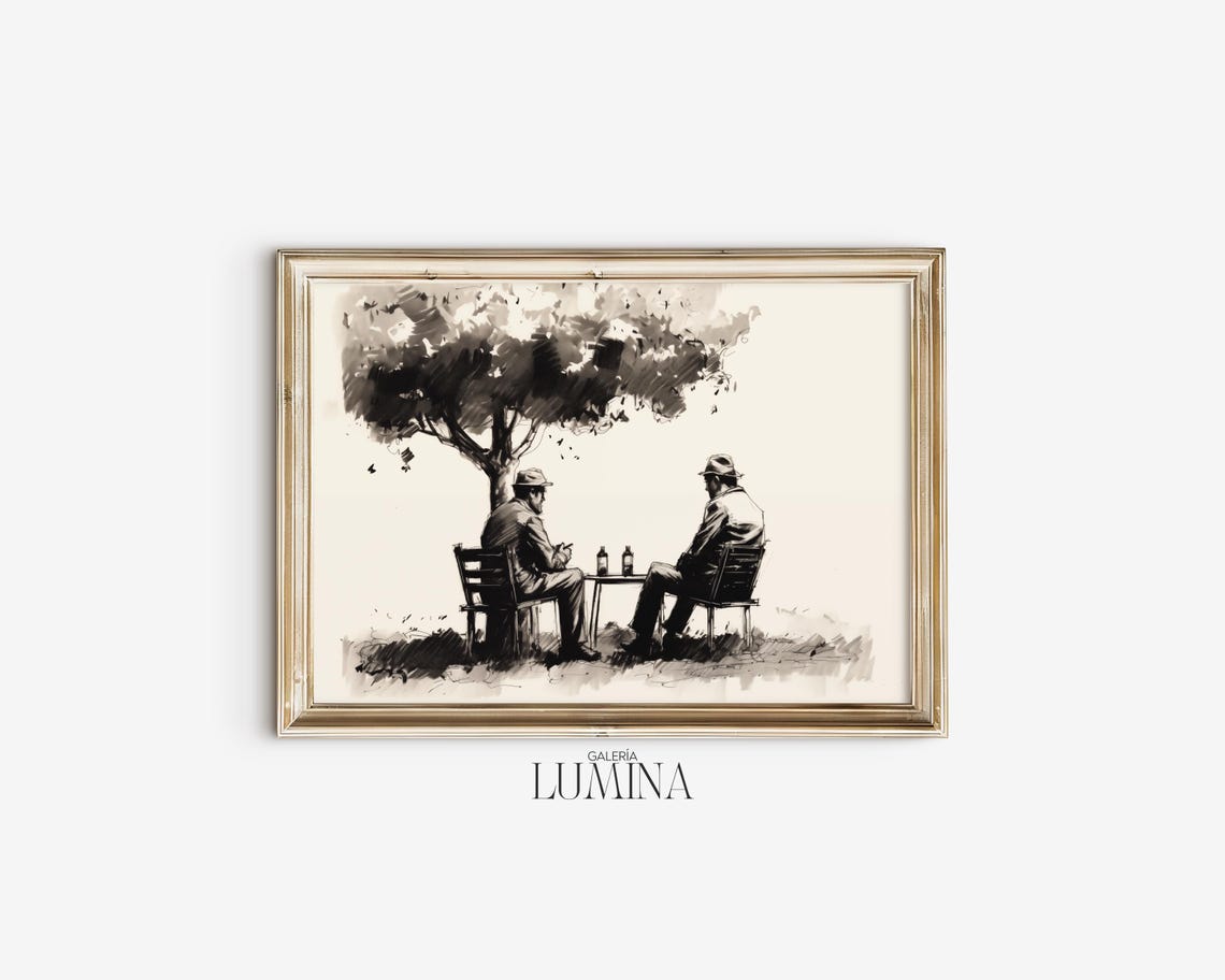 Two Old Friends Under a Tree Ink Sketch Friendship Drawing Poster - Image 2