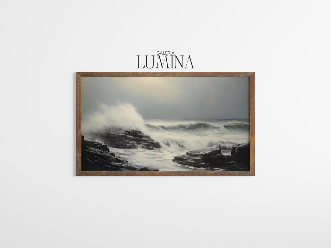 Stormy Sea Waves Crashing Dark Rocks Moody Coastal Art Poster - Image 3