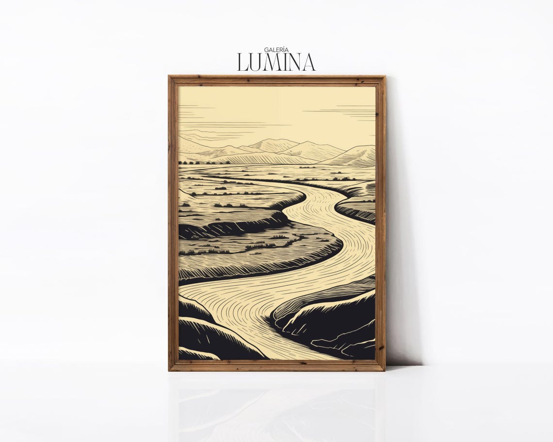Monochrome Winding River Valley Woodcut Landscape Asian Art Poster - Image 2