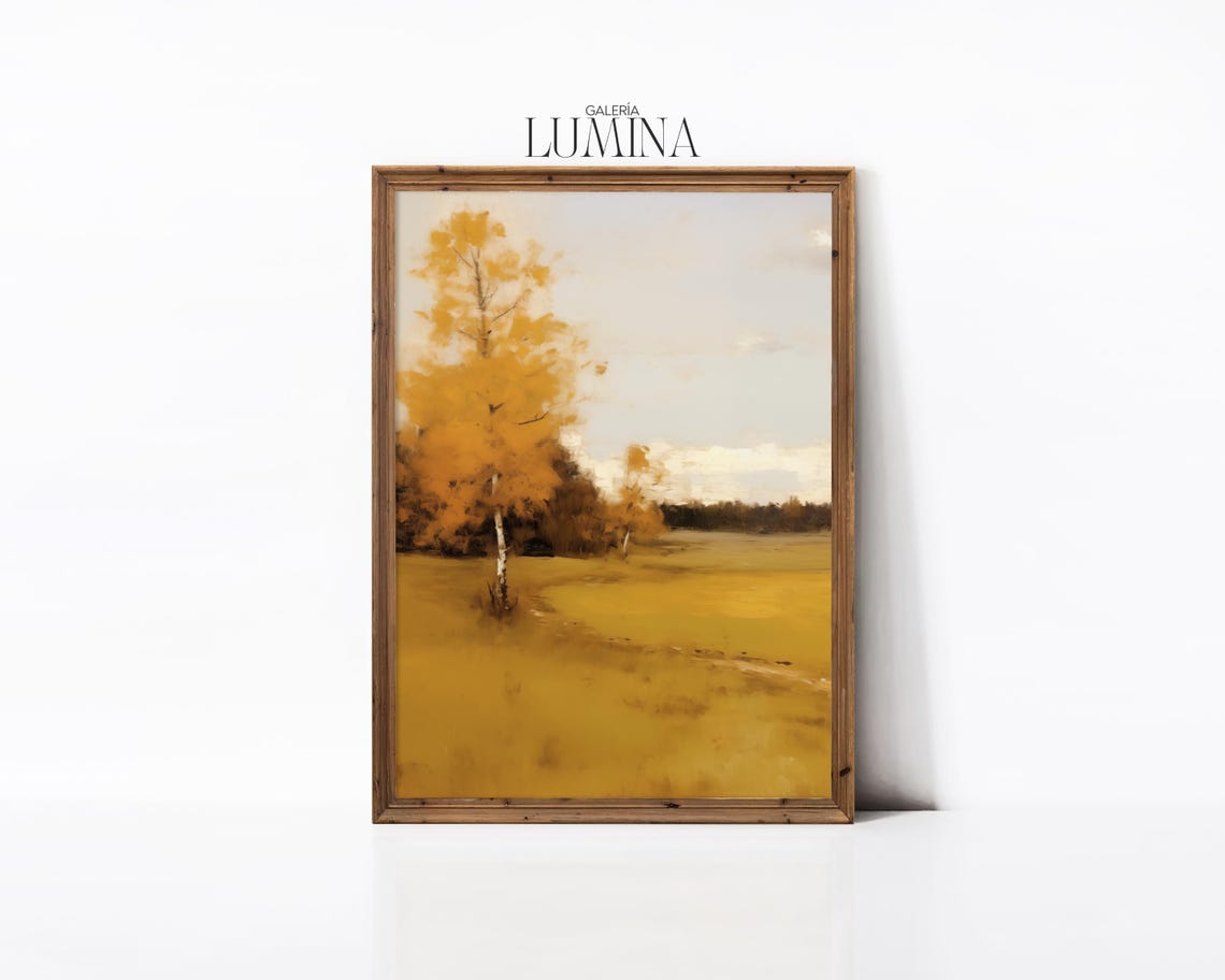 Golden Autumn Birch Meadow Muted Landscape Oil Painting Poster - Image 3