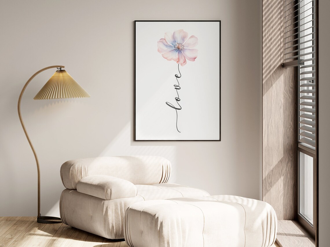 Love Word Pink Watercolor Flower Minimalist Botanical Art Poster - Image 2