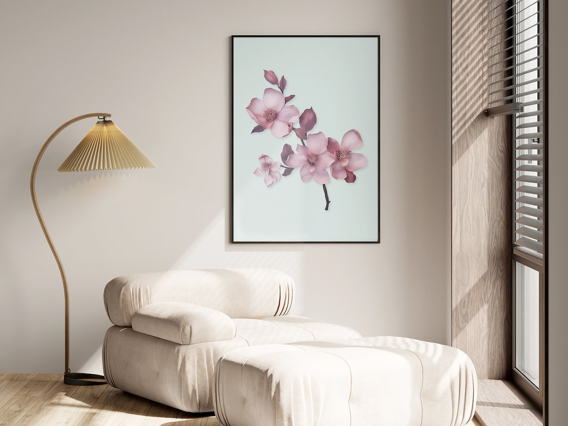 Pink Cherry Blossom Branch Watercolor Floral Botanical Art Poster