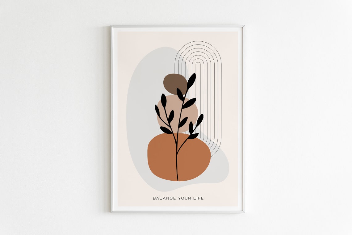 Balance Your Life Botanical Quote Terracotta Black Leaves Poster
