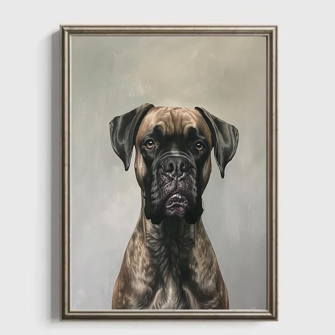 Brindle Boxer Frontal Portrait Moody Grey Oil Painting Art Print