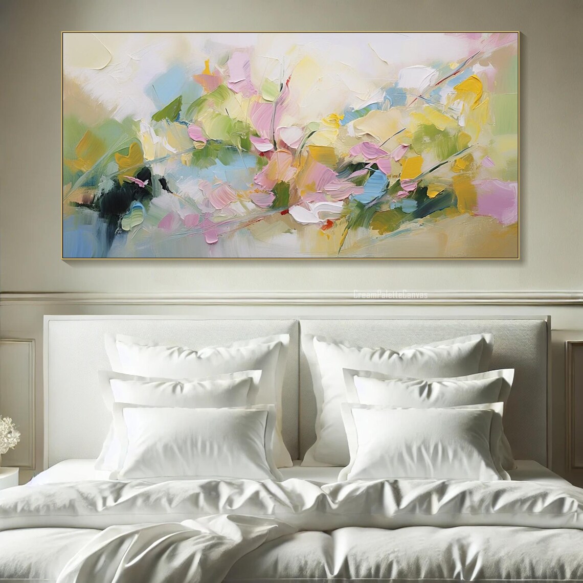 Pastel Abstract Floral Pink Blue Green Textured Oil Painting Wall Art - Image 2