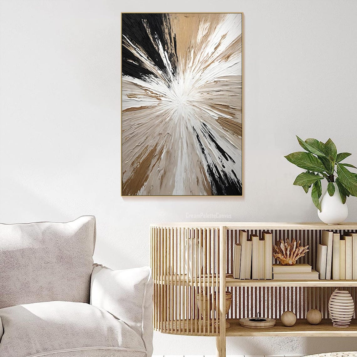 Black White Tan Starburst 3D Textured Abstract Oil Painting Wall Art - Image 2