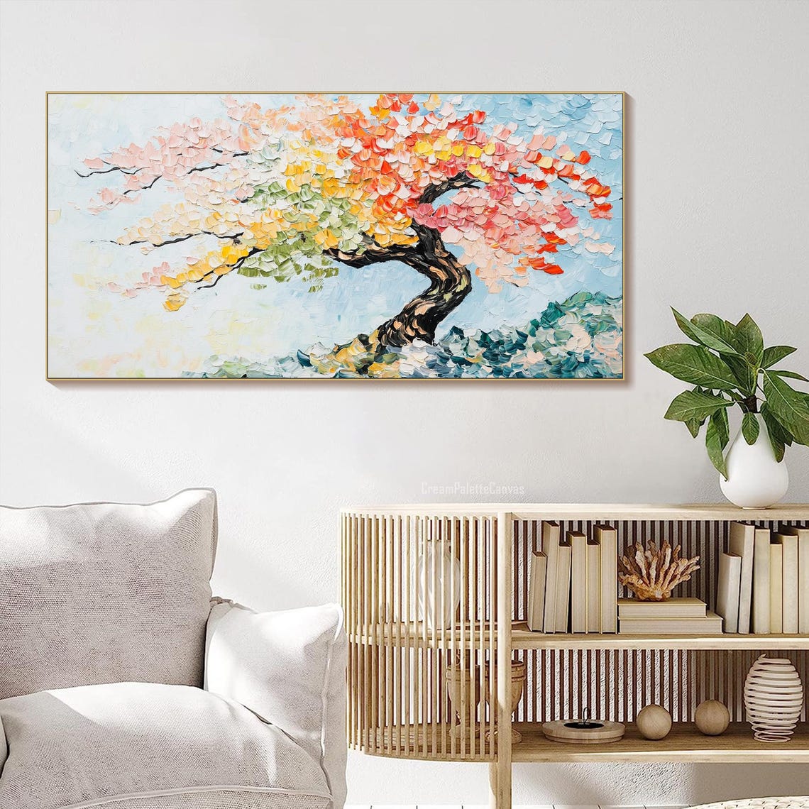 Vibrant Rainbow Blossom Tree 3D Textured Impasto Oil Painting Wall Art - Image 2