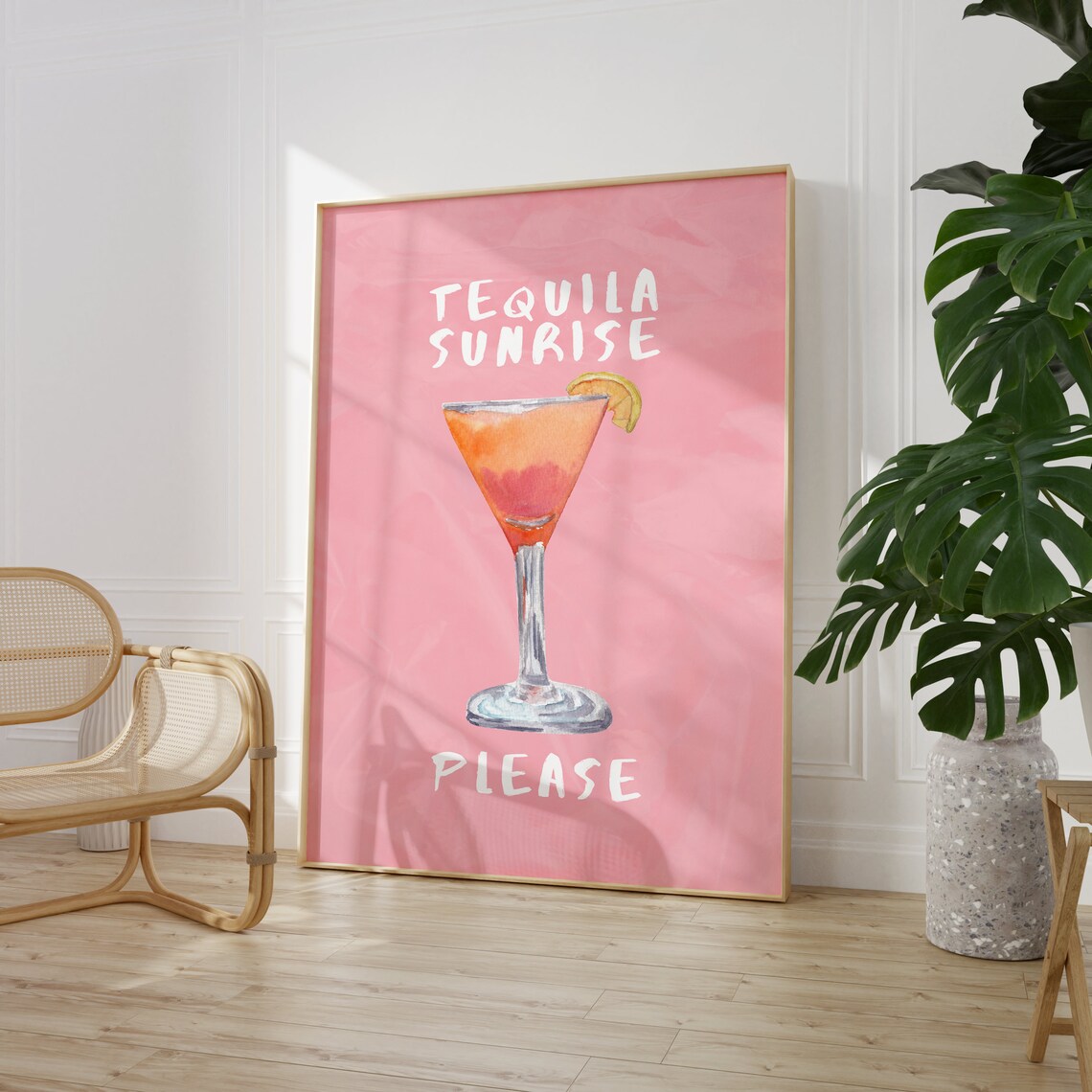 Tequila Sunrise Please Cocktail Poster Pink Bar Cart Kitchen Wall Decor