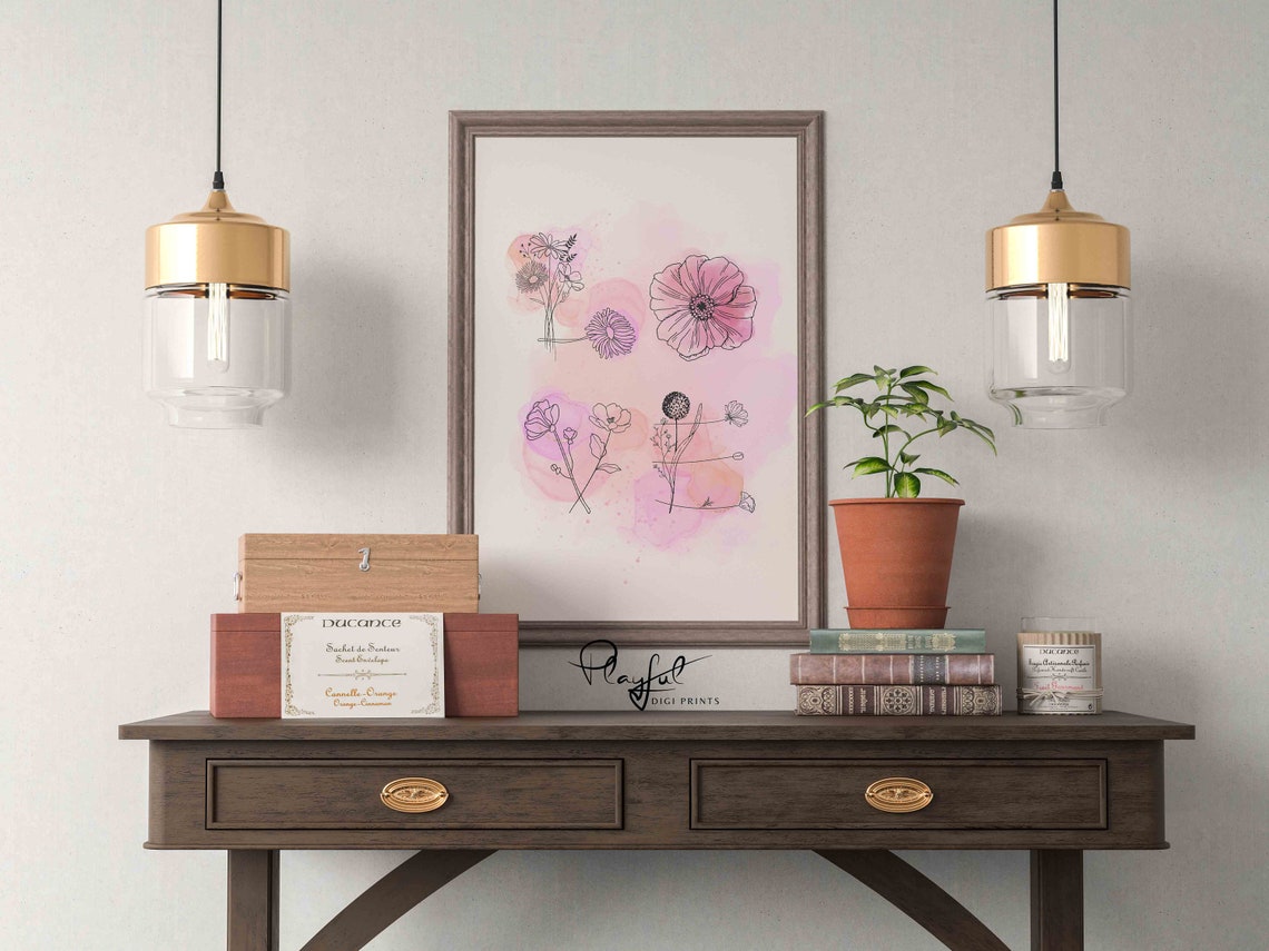 Pink Watercolor Floral Botanical Line Art Delicate Flower Wall Poster - Image 4