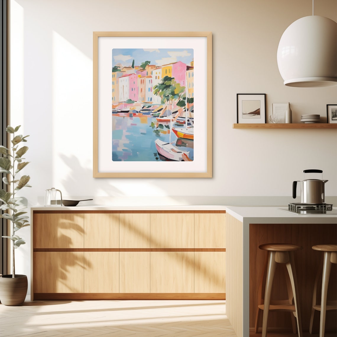Colorful Mediterranean Harbor Town with Sailboats Watercolor Poster - Image 3