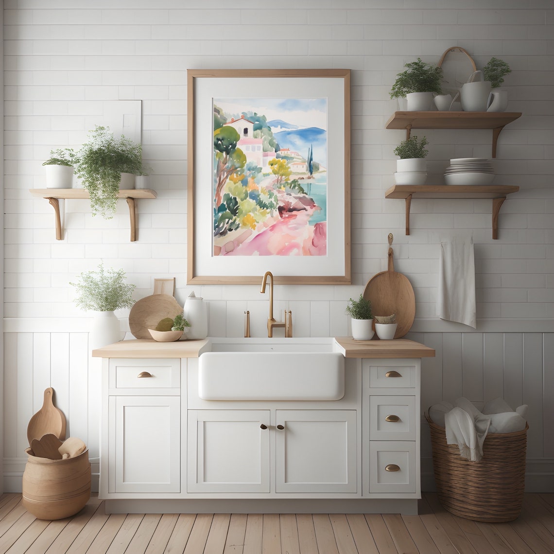 Greek Island Seaside Hillside Villa with Cypress Watercolor Poster - Image 2