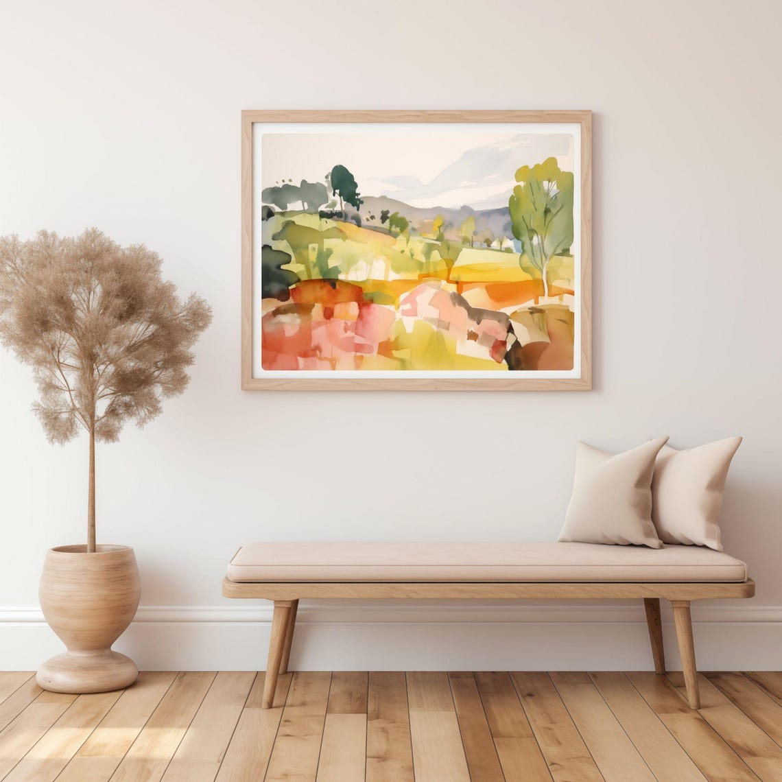 Golden Autumn Fields in Orange and Green Landscape Watercolor Poster - Image 3
