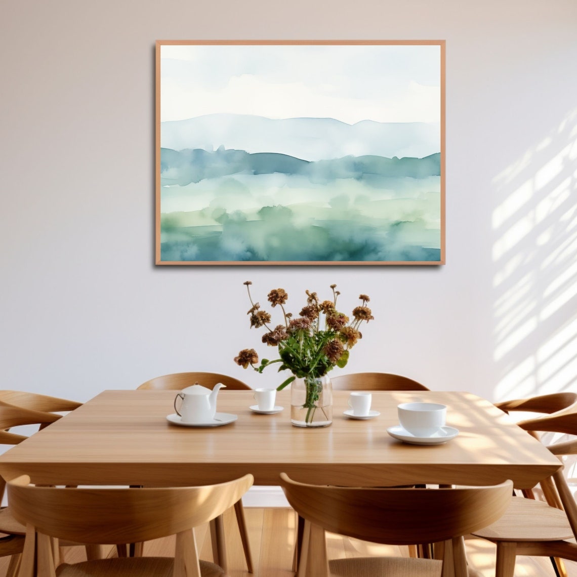 Layered Teal Mountain Ranges Beneath Misty Blue Sky Watercolor Poster - Image 2