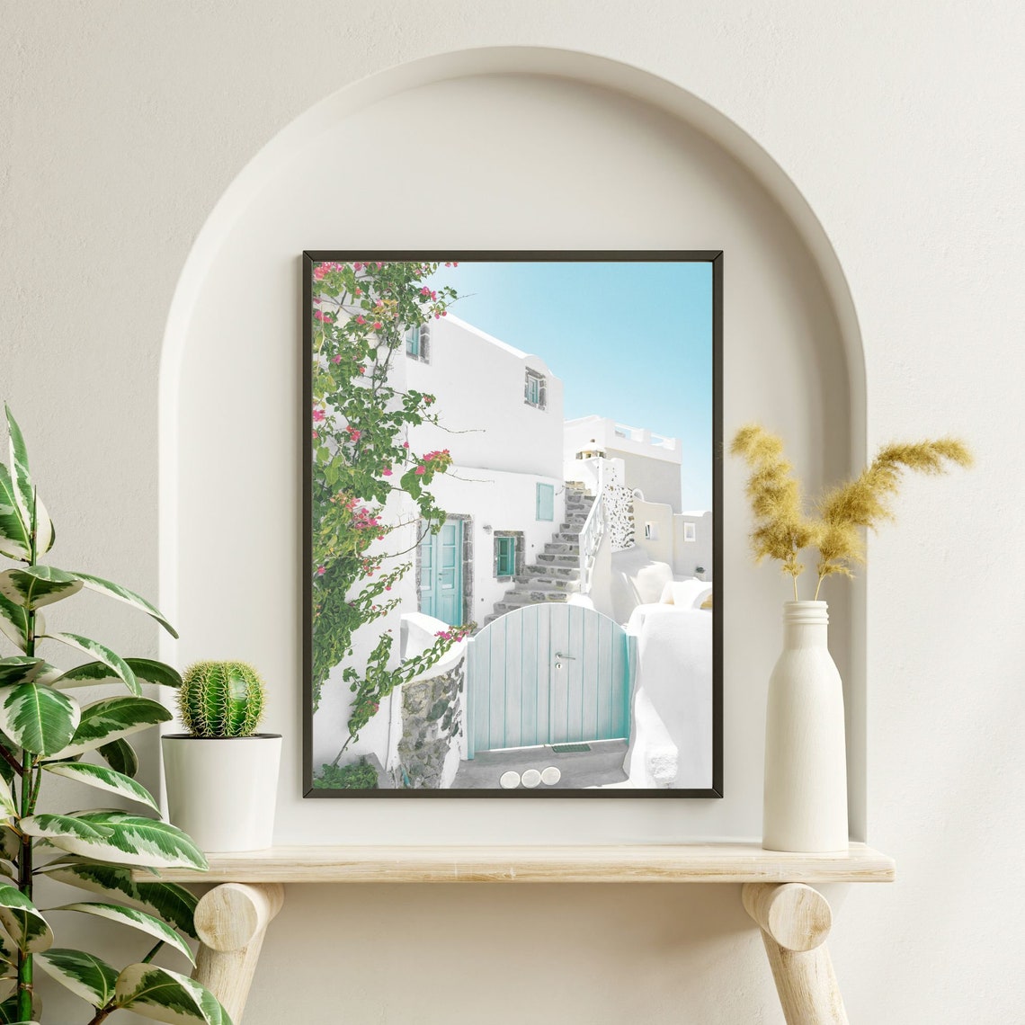 Santorini Greece Whitewashed Alley with Turquoise Gate Photo Poster - Image 3