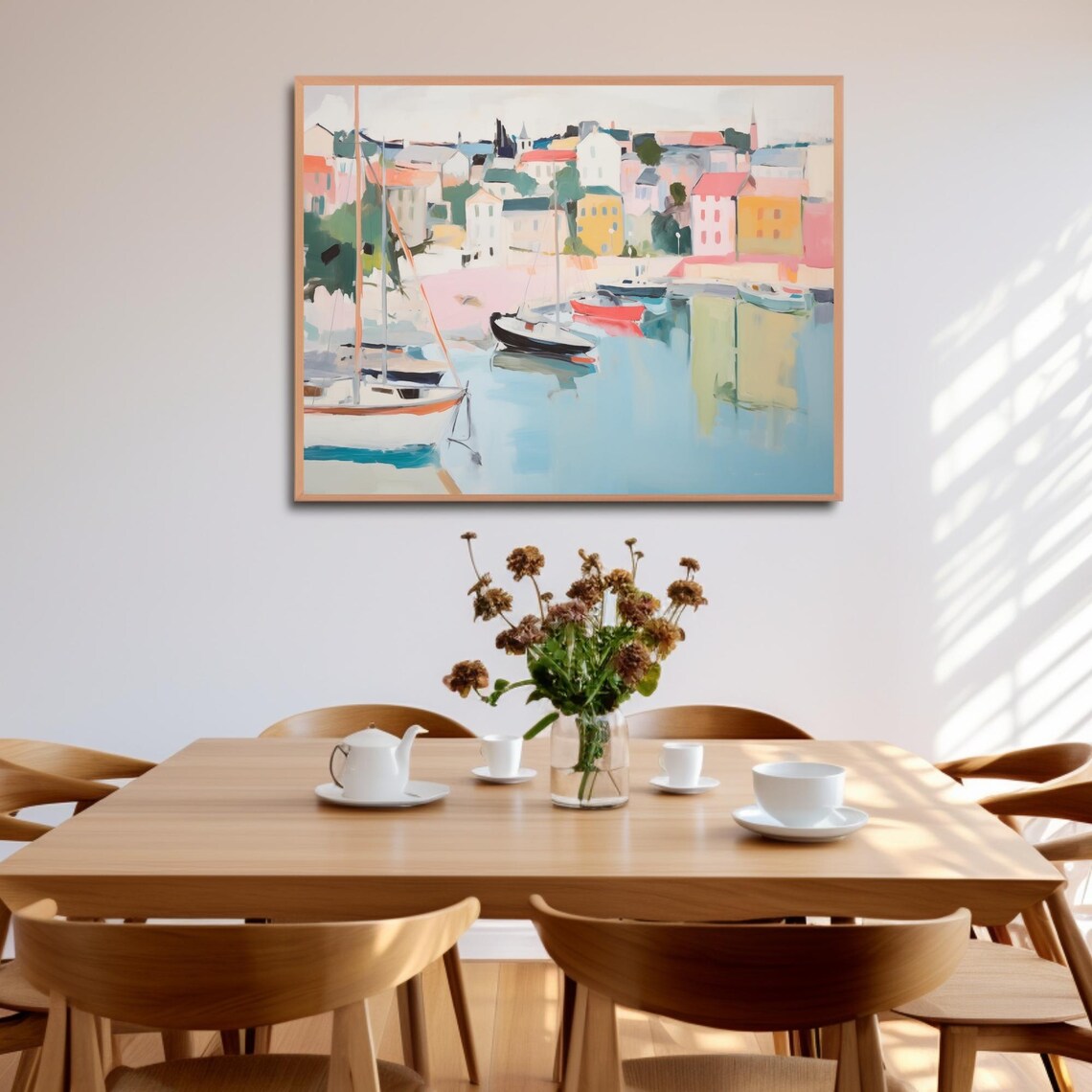 Colorful Mediterranean Harbor Town with Sailboats Painting Poster - Image 3