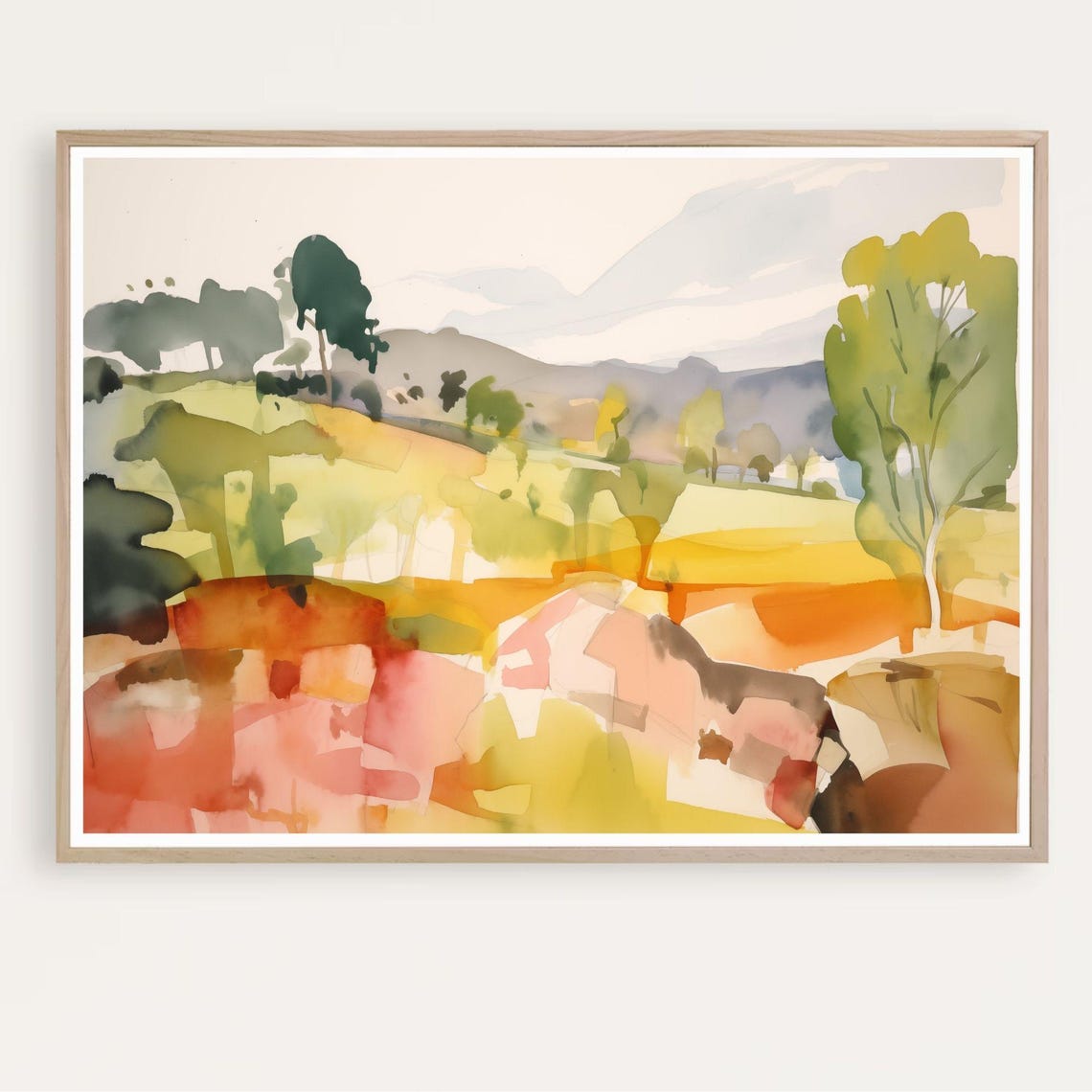 Golden Autumn Fields in Orange and Green Landscape Watercolor Poster