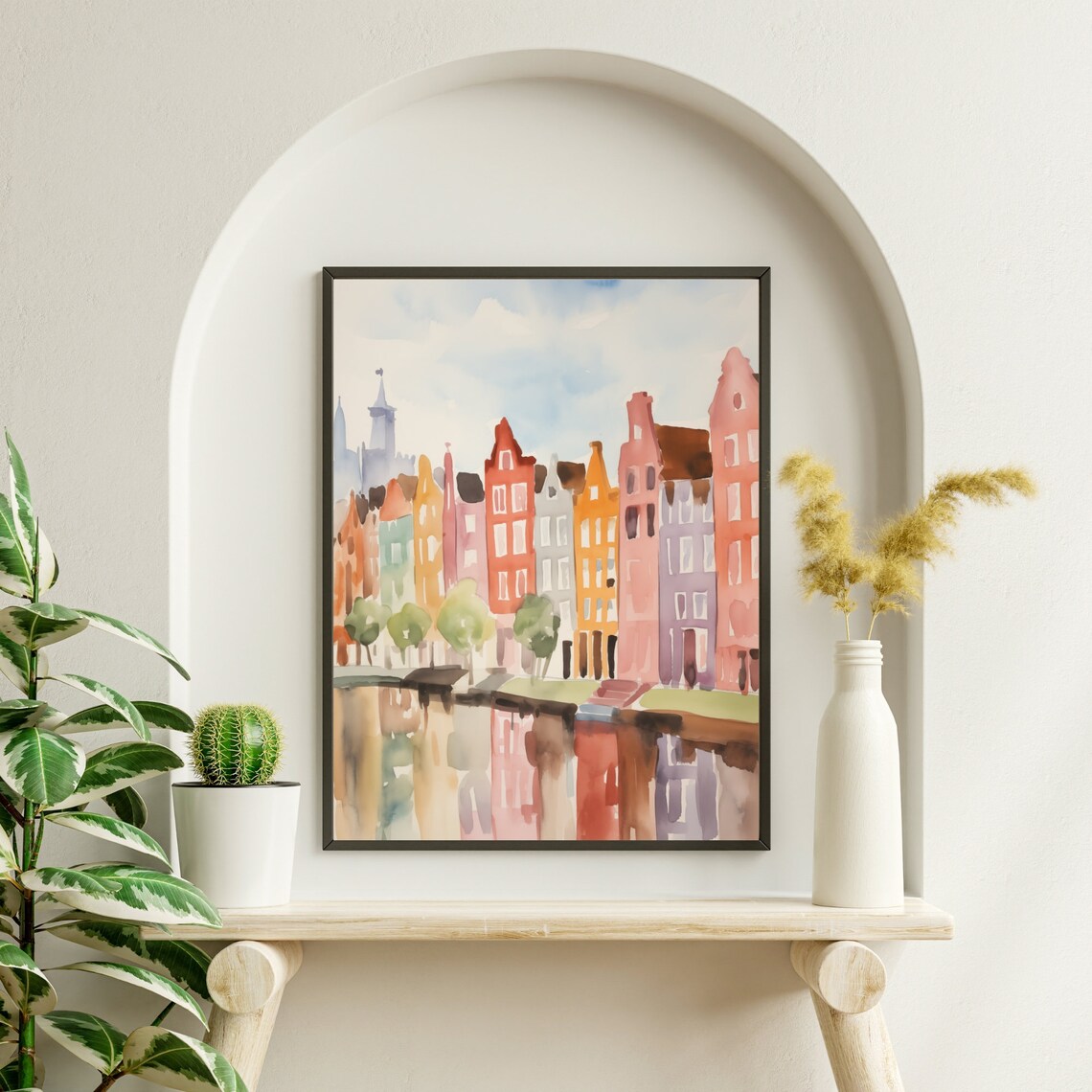 Amsterdam Canal Rowhouses Colorful Watercolor Cityscape Poster - Image 2