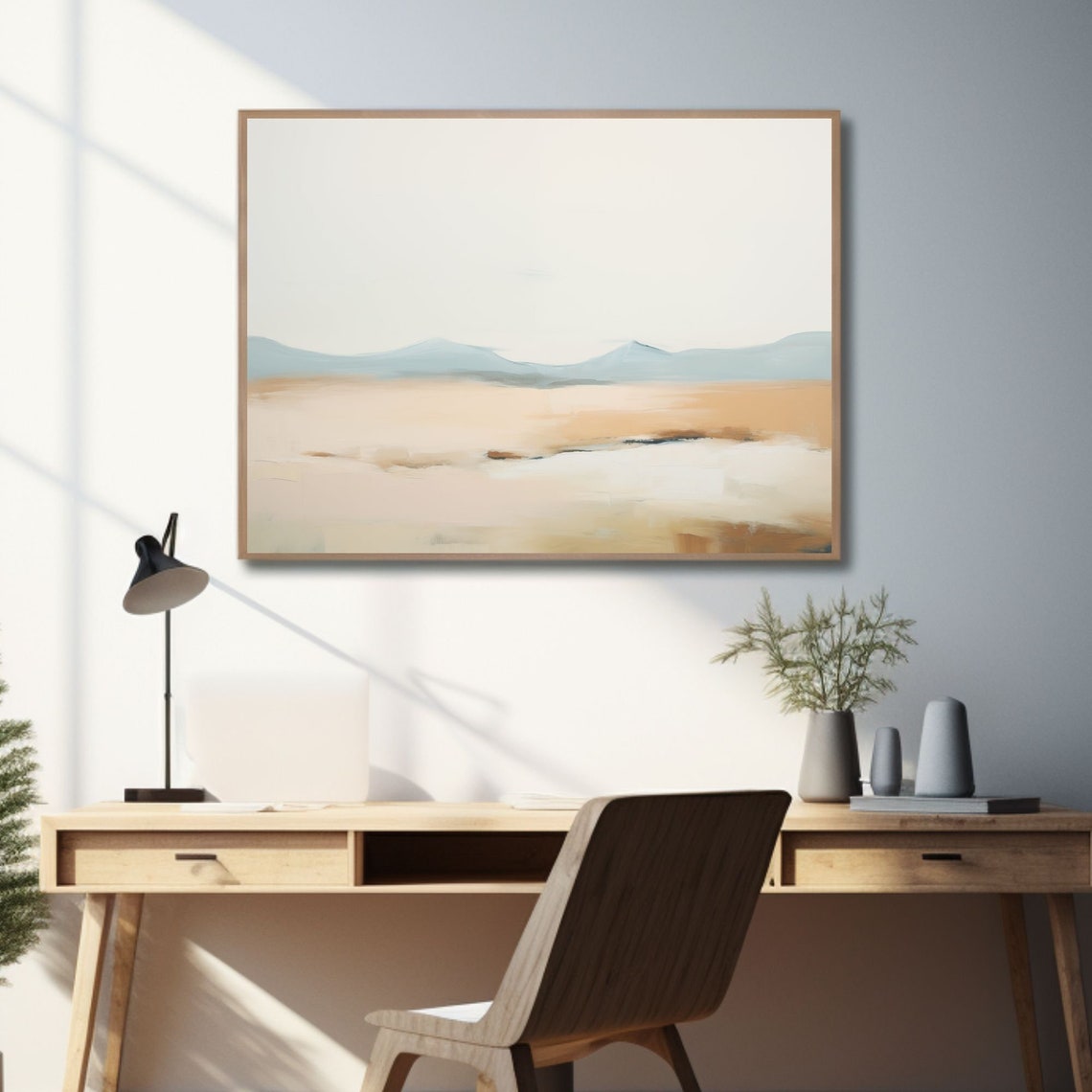 Minimal Beige Desert Plain Beneath Pale Blue Mountains Poster - Image 2