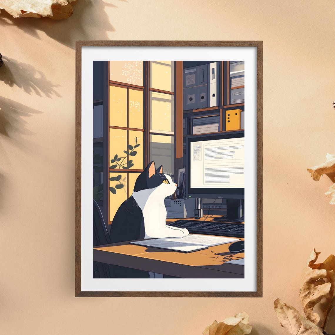 Cat at Computer Night Office Funny Workspace Animal Nursery Art Poster