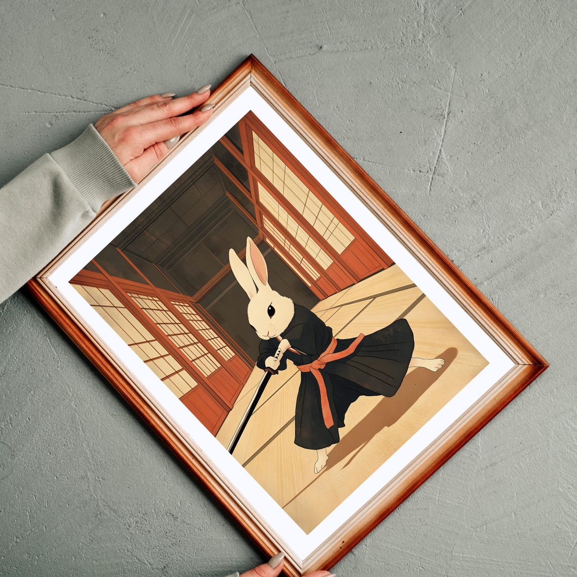 White Rabbit Samurai Wielding Katana in Japanese Dojo Hall Poster - Image 7