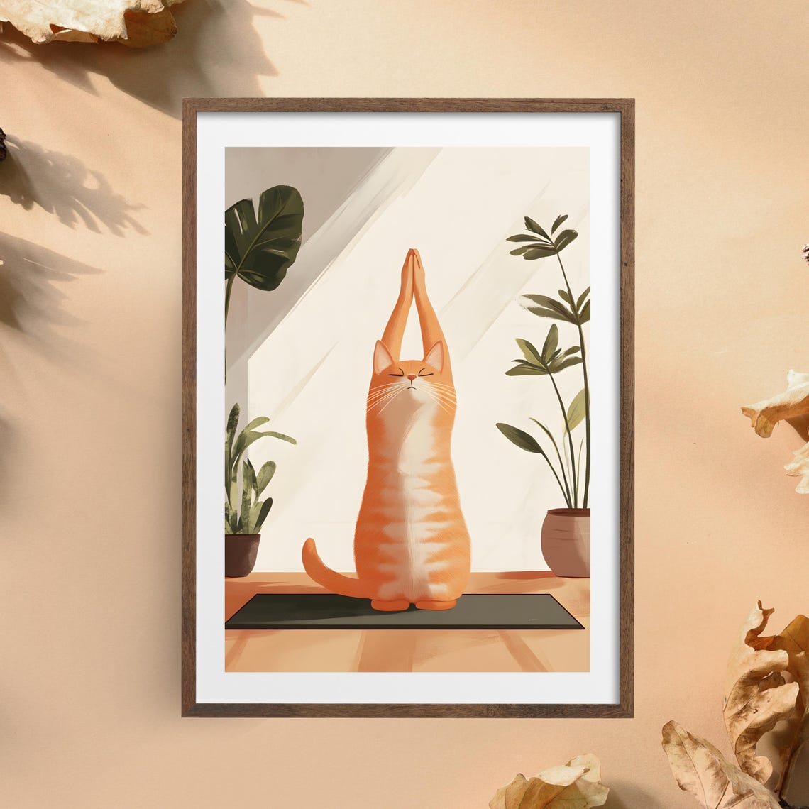 Orange Cat Stretching in Yoga Pose on Mat in Sunlit Room Poster