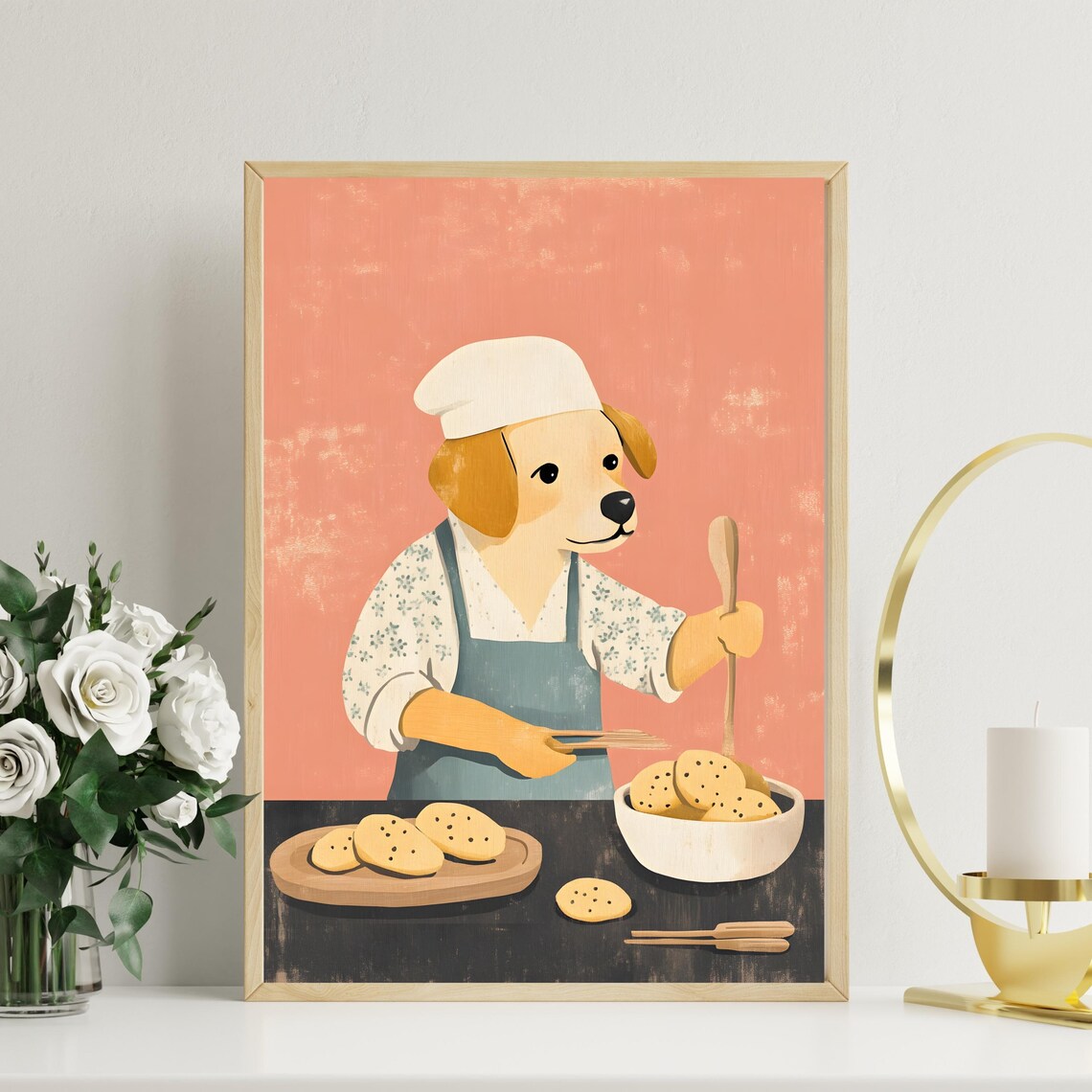 Happy Dog Chef Baking Cookies Cute Puppy Kitchen Animal Art Poster - Image 2