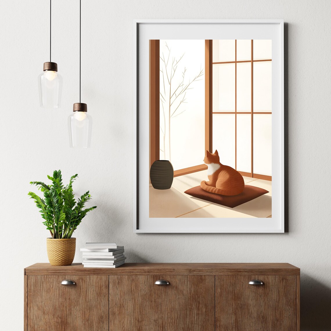 Quiet Orange Cat Sitting on a Cushion Before a Tall Shoji Screen Poster - Image 6