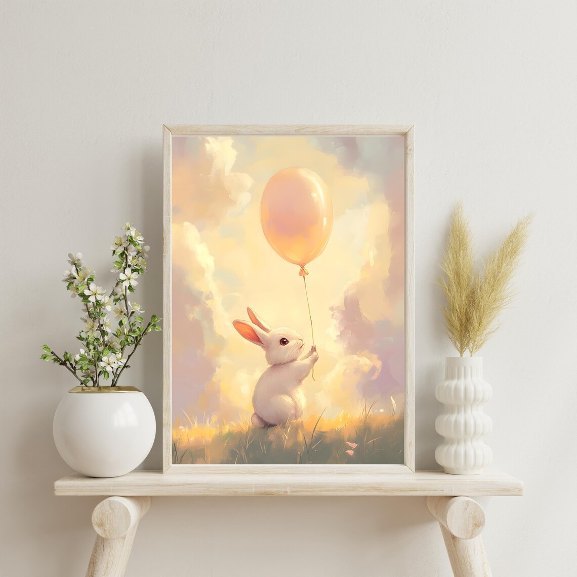 Tiny White Bunny Holding a Glowing Orange Balloon in a Sunset Meadow Poster - Image 5